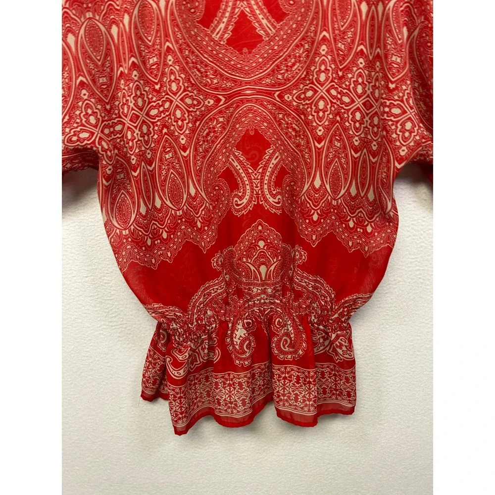 Chico's Boho Paisley Peplum Women L Red Kimono Sleeve V-Neck Chiffon Blouse